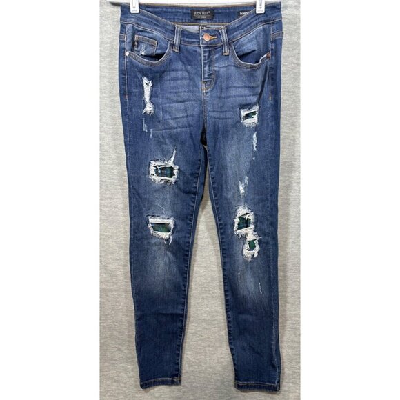 Judy Blue Womens Distressed Skinny Fit Jeans Size 9/29 Patched Blue Green Plaid - Picture 1 of 6